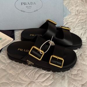 Prada Black Sandals with Gold Buckles